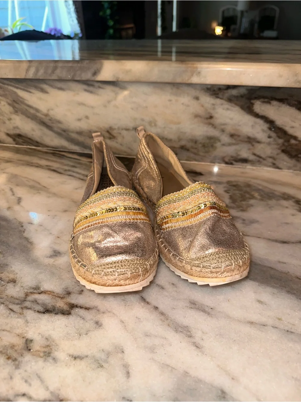Bull Boxer Size 39/8-8.5 Women's‎ Metallic Espadrille Beaded Slip-Ons in Beige